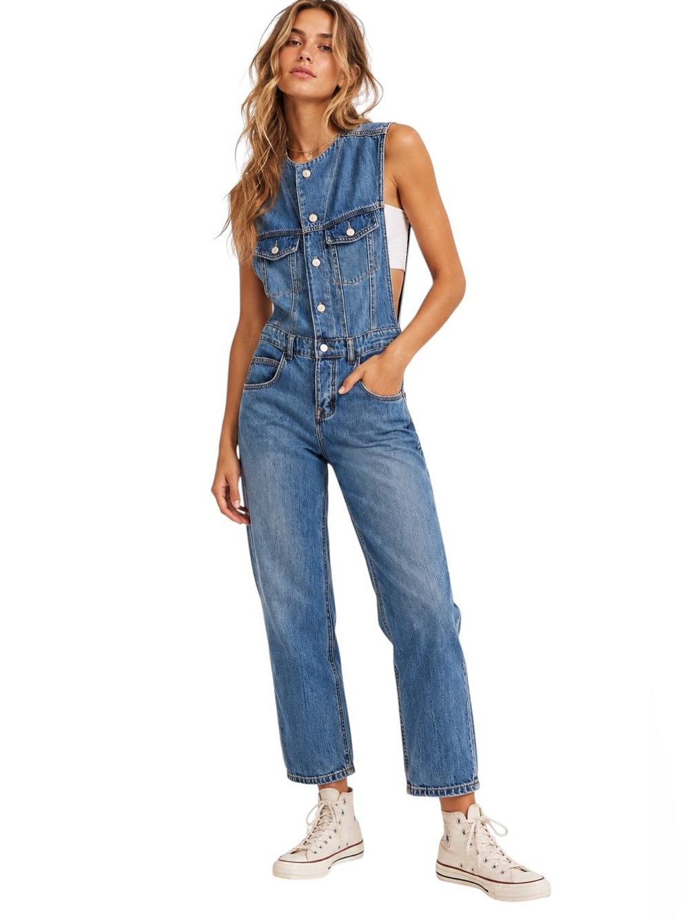 WE THE FREE All You Need Denim Jumpsuit Size 26 Bea Blue